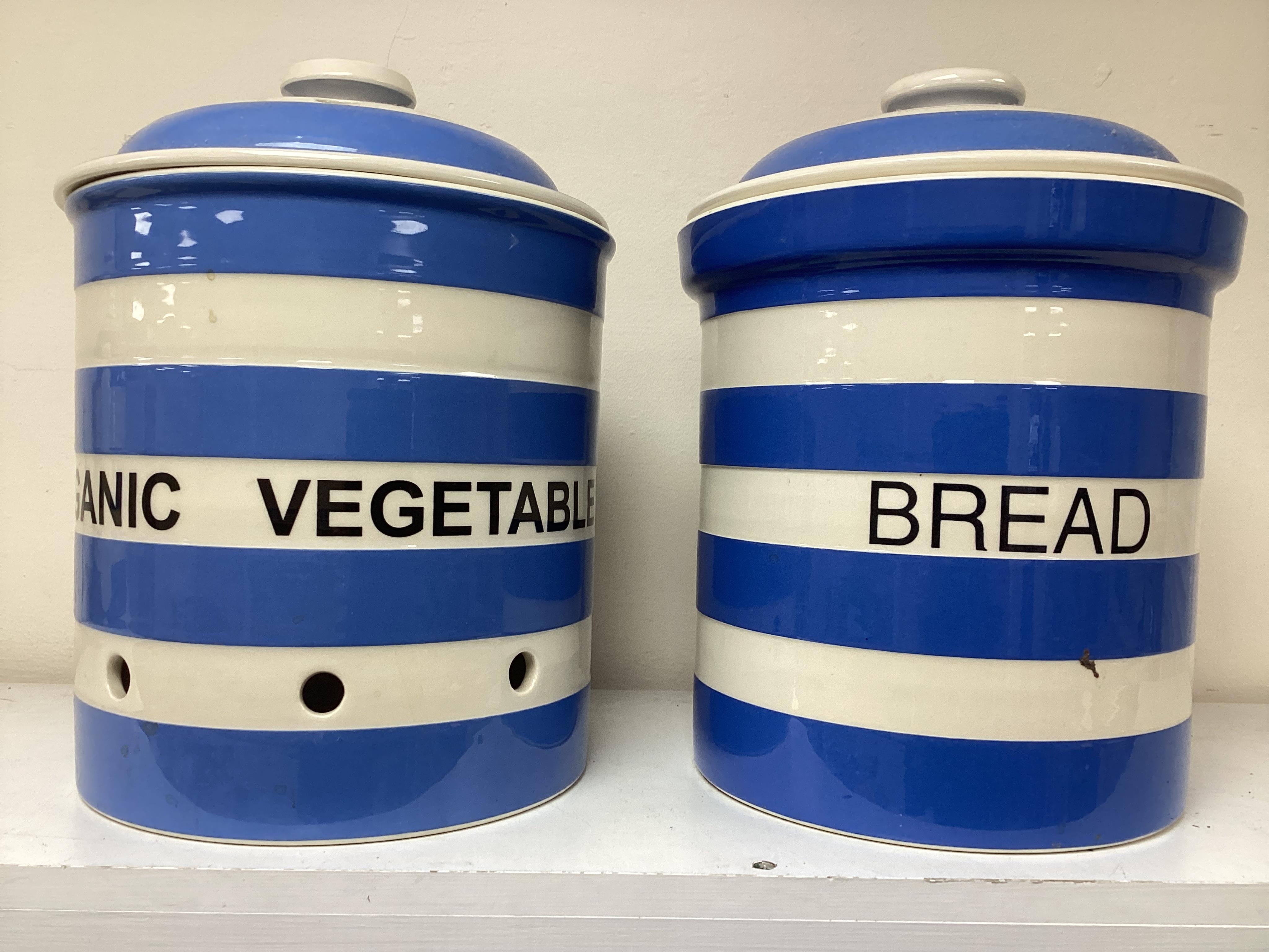 T.G.Green Cornish Kitchenware, two modern lidded containers, Organic Vegetable and Bread, height 31cm. Condition - good
